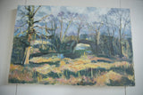 Grace B. Keogh 'Bridge' oil painting, featuring expressive brushwork and cool sky above golden landscape.