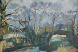 Textured oil painting detail showing a bridge arch, blue water, and green foliage.
