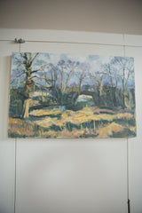 Textured golden and green brushstrokes in the lower right of the oil painting by Keogh.