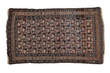 Vintage Kurdish rug, dark field, blush and blue arabesque boteh lattice. 3'8