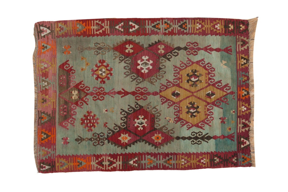 Vintage 1940s Turkish Kilim rug, seafoam green abrashed ground, red geometric medallions, plant border.