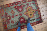 Geometric finned plant border and trefoil medallions on the seafoam green Turkish Kilim rug.