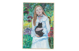 Grace B. Keogh Black Cat painting, woman in white dress holding black cat in colorful garden.