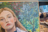 Painted detail of woman's mouth, chin, blonde hair, with green and purple foliage.