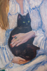 Detail of the 'Black Cat' painting: green eyes and a hand with rings.