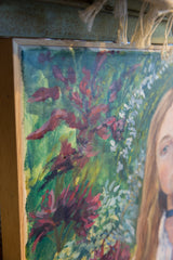 Grace B. Keogh painting's upper right, textured green, red brushstrokes, canvas, wood frame, partial face.