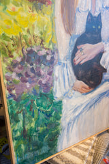 Wood frame edge of the painting highlighting textured green, purple, and blue brushstrokes.