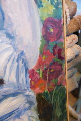 Canvas edge of Keogh Black Cat painting, with vibrant red flowers and sweeping blue brushstrokes.