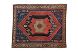Antique hand-knotted Malayer rug with primitive geometric medallion, cherry red, sapphire blue, ivory. 4'9