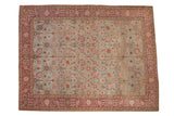 Antique Distressed Yezd carpet, Safavid palmette lattice, dusty blue field, faded burgundy borders.