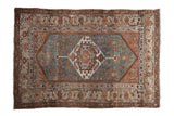 Vintage Distressed Hamadan rug with blue hexagonal medallion, terracotta palmettes, 4'3