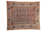 Antique Distressed Malayer square rug with faded coral, navy, and ivory geometric floral field, 5'1
