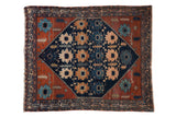 Vintage Mehriban rug, oversized palmette design in madder rust, navy, with heavy abrashes. 4'6