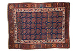 Antique hand-knotted Kurdish rug, cobalt blue field, copper boteh, geometric borders, 5'2