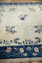 Low perspective on an antique Peking carpet highlighting the textured pile and floral sprays.