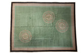 Antique Chinese Nichols Art Deco carpet, dusty mint green field with triple offset medallions, 9'x11'8
