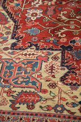 Short, hand-knotted pile of a vintage Heriz carpet showing serrated leaf and palmette motifs in cherry red and navy.