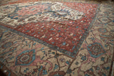Antique Persian Karaja rug detail: visible wear to foundation, dusty red, blue, and beige pattern.