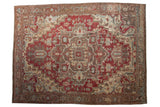 Antique Distressed Heriz carpet, geometric medallion, madder red, ivory, soft blue, 9'8