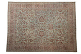 Distressed vintage Yezd carpet: powder blue field, dusty blush palmettes, Herati border. 8'8