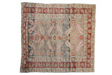 Antique Karaja square carpet with a distressed field of oversized diagonal leaves in silver-teal and red.