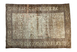 Distressed vintage Hamadan rug with faded hexagonal medallion, earthy beige and brown tones, 4'6
