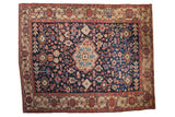 Vintage Gorevan rug, navy blue field, minor medallion, serrated palmettes, beige Turtle Samovar border.