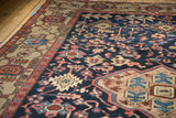Intricate blue turtle motifs on sand border of a Vintage Gorevan rug.