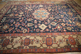 Intricate beige, red, and blue Turtle Samovar border on a vintage Gorevan carpet.