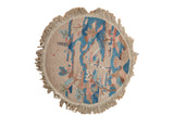 Vintage Art Deco round rug mat with a Chinese landscape scene in sky blue, dusty rose, and beige.