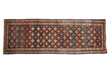 Antique Kurdish Malayer runner, geometric floral lattice with charcoal, ruby red, ivory, blue.