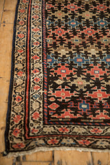 Kurdish Malayer runner corner: geometric pattern field, red and blue floral borders, visible fringe tatter.