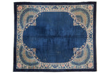 Antique Chinese Art Deco carpet, cobalt blue field with rose, ivory, sky blue peacock quatrefoil. 8'2