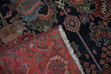 Worn pile of antique Malayer runner, displaying navy palmettes and ruby red turtle samovar border.