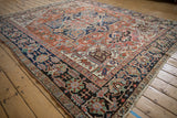 Rare checkered floral border and geometric field, vintage Gorevan carpet, brick red, blue, beige.