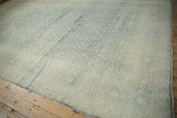 Distressed vintage Meshed carpet's side edge, with intact selvage and muted blue-cream border.