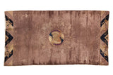 Antique Peking rug with a central phoenix medallion on a dusty lavender field and distinctive navy pillar-style corners.