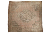 Vintage Oushak square carpet with dusty rose field, central arabesque medallion, and hexagonal corners.