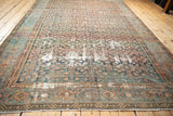 Worn pile and detailed Samovar border of an antique Hamadan carpet in dusty teal, blush.