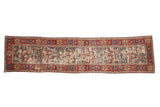 Antique Caucasian runner rug, geometric arabesques on faded ivory, raspberry red Herati border, 3'1