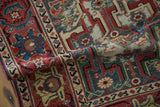 Intricate geometric arabesques and floral cross-sections with aged texture on antique Caucasian runner.