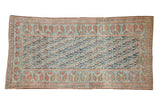 Vintage Malayer runner rug with distressed dusty blue field and terracotta geometric border, 4'6