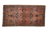 Vintage German Sarouk runner, dusty rose, sapphire blue tree-of-life floral pattern, 2'2