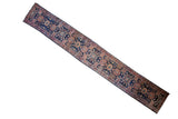 Vintage Lilihan rug runner with alternating palmette medallions in dusty rose and teal on a navy blue field.