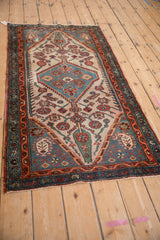 Dusty blue serrated medallion on a vintage Hamadan rug with a red boteh vine border.