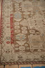 Geometric designs, distressed texture, coffee brown, ivory, powder blue antique Caucasian runner.