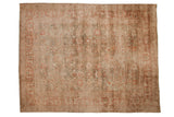 Antique distressed Persian Kerman carpet with allover Safavid revival floral palmettes, terracotta, sage, ivory, 9x11.7.