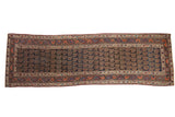 Antique Kurdish hand-knotted runner rug, indigo field, allover boteh, aubergine floral border, 3'8