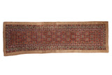 Antique Serab runner, allover geometric floral pattern in brick red, dusty blue, and camel, 3'3