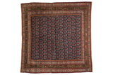 Antique Northwest Persian square carpet, navy blue field with brick red botehs, and an unusual deep green border.